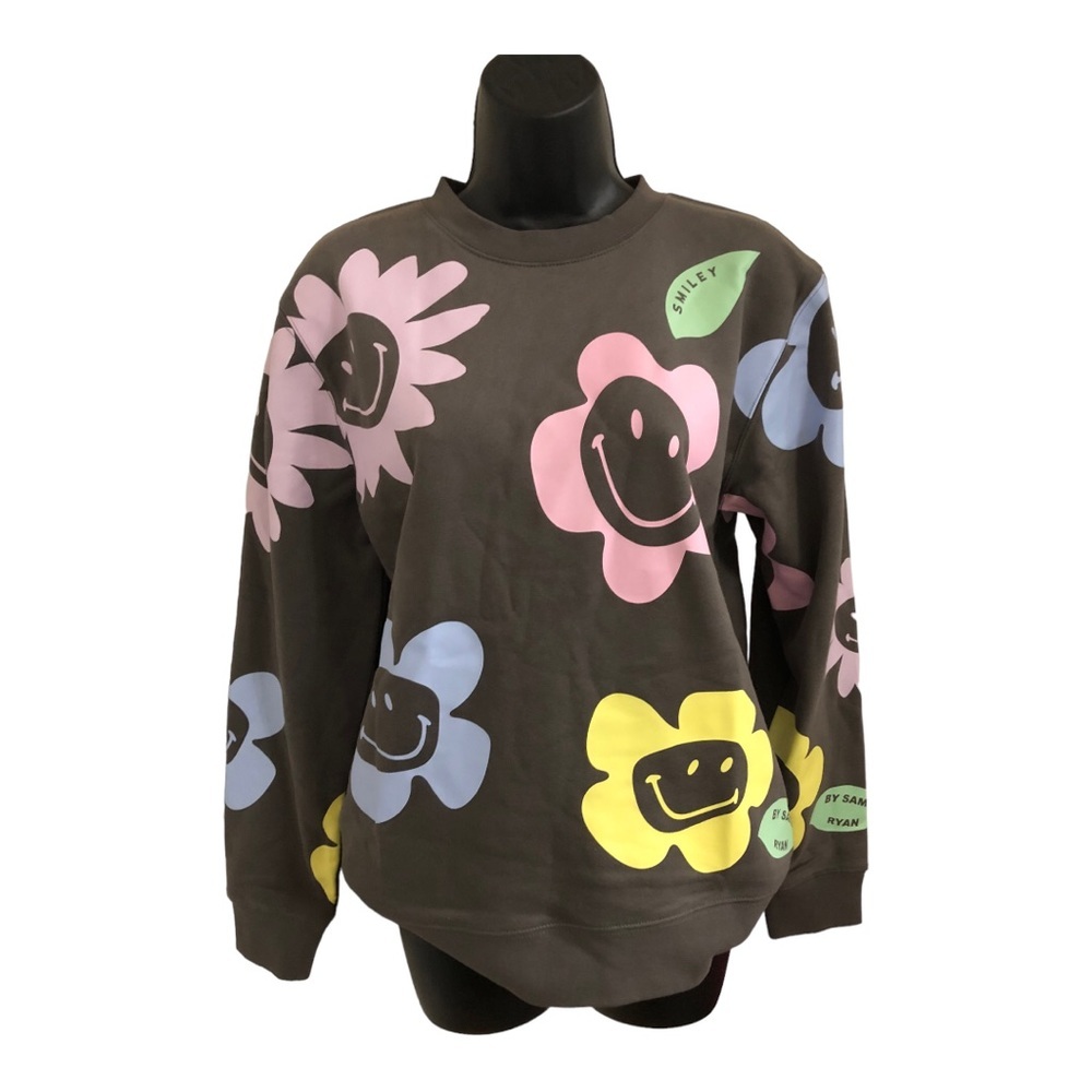 BSR by Samii Ryan dark gray sunflower smiley faces‎ pullover sweatshirt size XS - Picture 2 of 16
